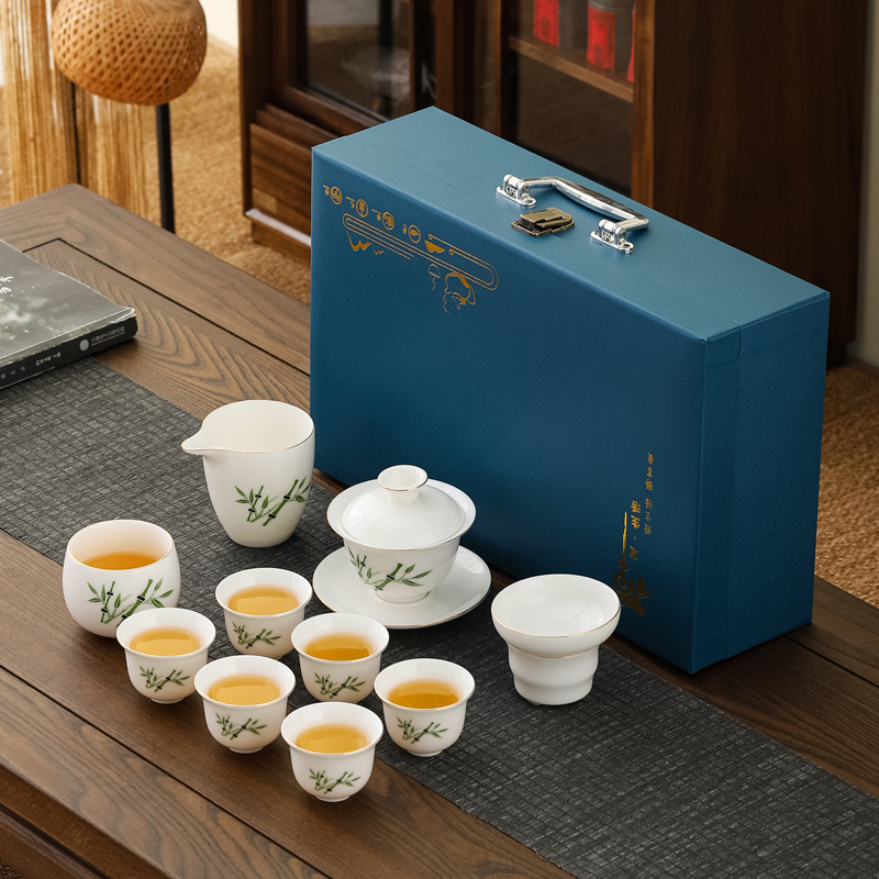 Set ceai Kung Fu din porțelan alb Dehua – set complet minimalist, cu bol cu capac și cești, cadou elegant