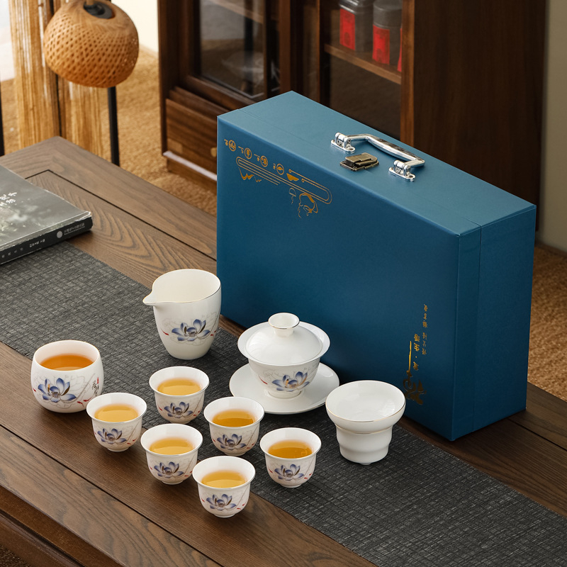 Set ceai Kung Fu din porțelan alb Dehua – set complet minimalist, cu bol cu capac și cești, cadou elegant