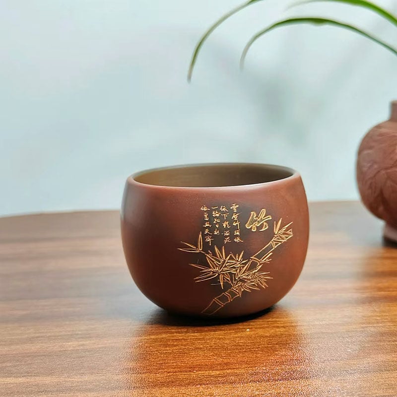 Set de ceai din lut purpuriu Nixing cu motive gravate de lotus, prun, orhidee, bambus, krizantemă și peisaj; pentru uz casnic și pentru oaspeți; set de ceai Kung Fu.