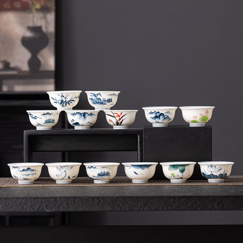 Ceșcuță ceramică pictată manual în nuanțe jade-alb, porțelan albastru-alb, set Gongfu pentru ceai, ceașcă din porțelan alb, uz casnic