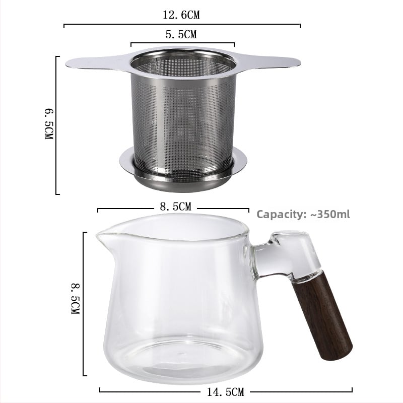 Ceainic din sticlă cu mâner din lemn, filtru de ceai, separare ceai-apă, rezistent la temperaturi înalte
