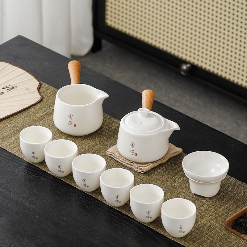 Set de ceainic și cești cu mâner lateral din jad, set ceramic pentru ceai