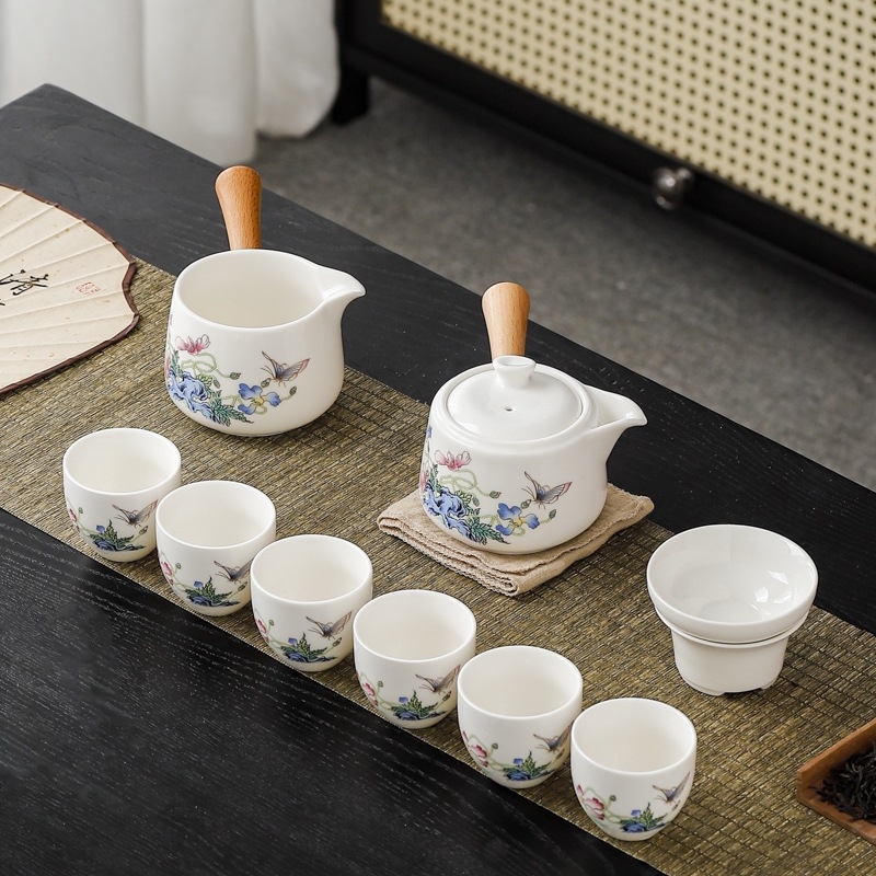 Set de ceainic și cești cu mâner lateral din jad, set ceramic pentru ceai