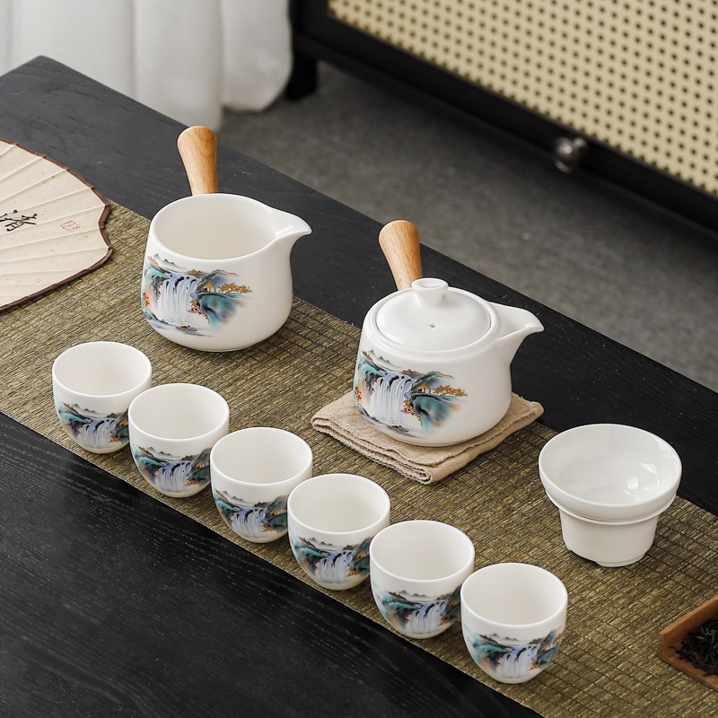 Set de ceainic și cești cu mâner lateral din jad, set ceramic pentru ceai
