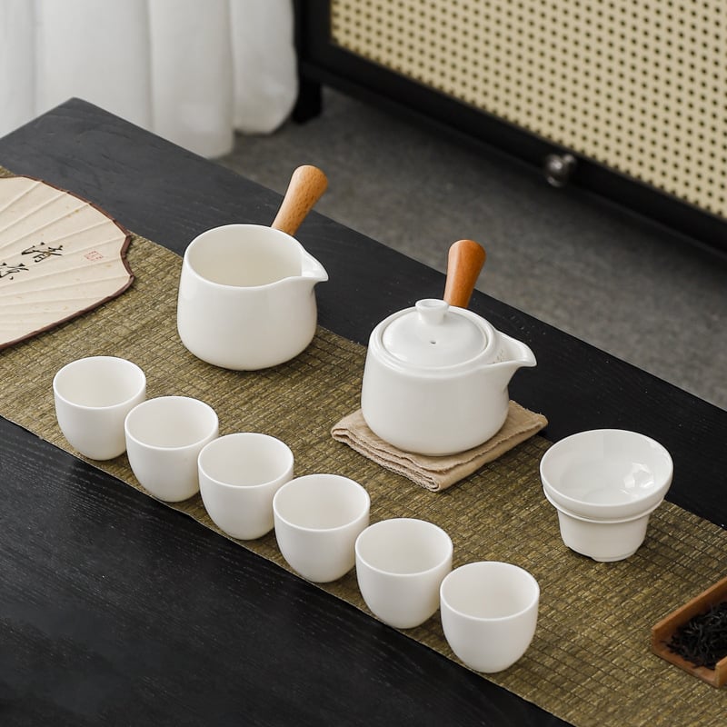 Set de ceainic și cești cu mâner lateral din jad, set ceramic pentru ceai