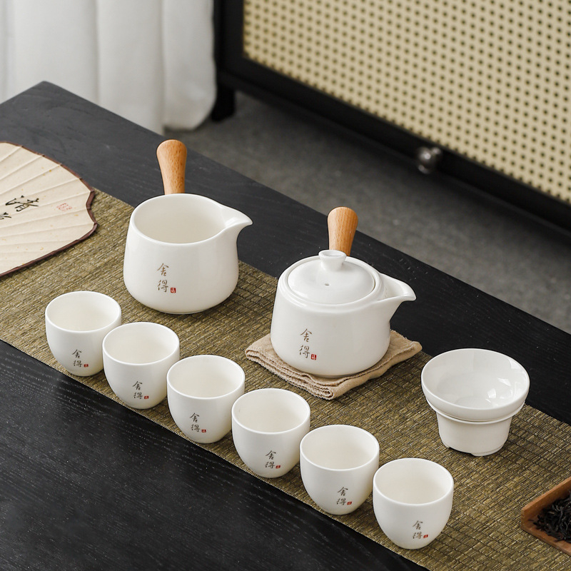 Set de ceainic și cești cu mâner lateral din jad, set ceramic pentru ceai