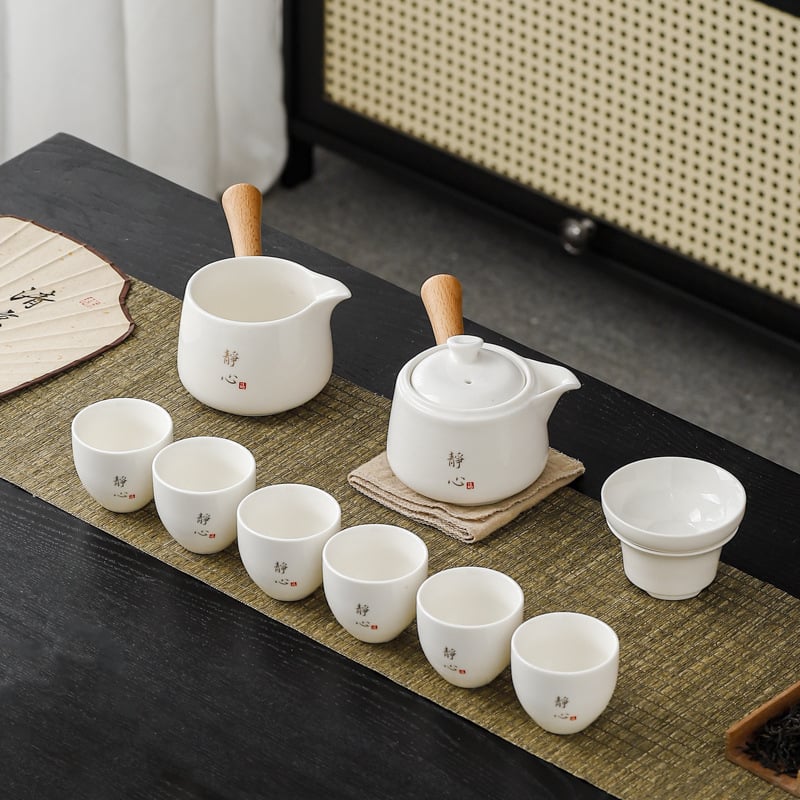 Set de ceainic și cești cu mâner lateral din jad, set ceramic pentru ceai