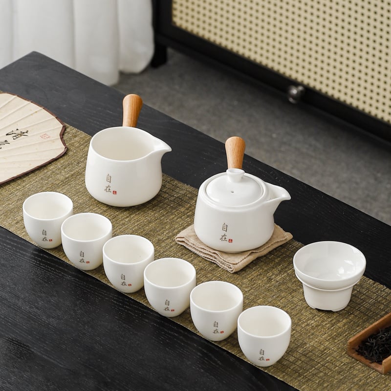 Set de ceainic și cești cu mâner lateral din jad, set ceramic pentru ceai
