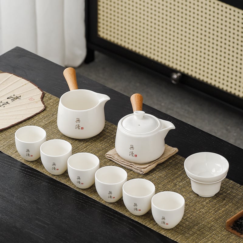 Set de ceainic și cești cu mâner lateral din jad, set ceramic pentru ceai