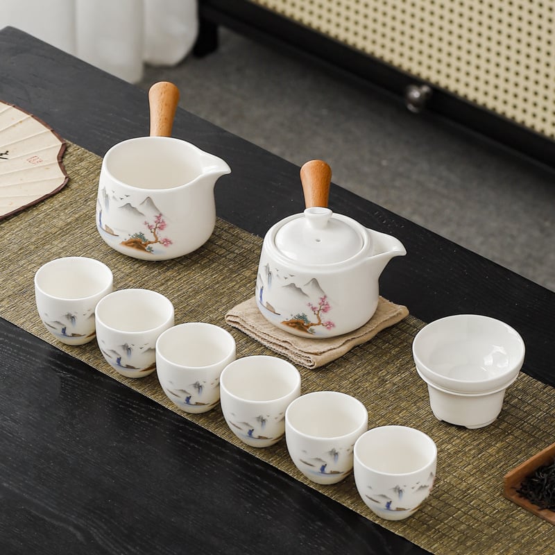 Set de ceainic și cești cu mâner lateral din jad, set ceramic pentru ceai