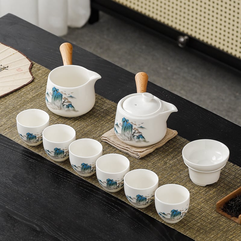 Set de ceainic și cești cu mâner lateral din jad, set ceramic pentru ceai