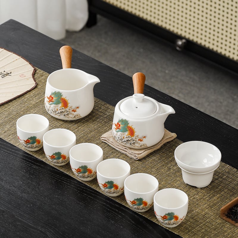 Set de ceainic și cești cu mâner lateral din jad, set ceramic pentru ceai