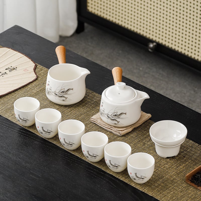 Set de ceainic și cești cu mâner lateral din jad, set ceramic pentru ceai