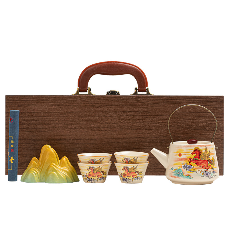 Set de ceai din ceramică bej cu ceainic și cești, stil chinezesc cultural și creativ, cu personalizare a logo-ului