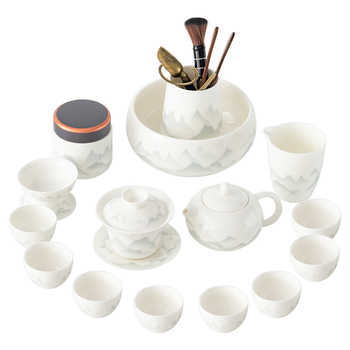Kínai stílusú Gongfu teáskészlet fehér porcelánból, teáskannával, teás tálcával és fedeles tálkával; otthoni használatra, üzleti testreszabással