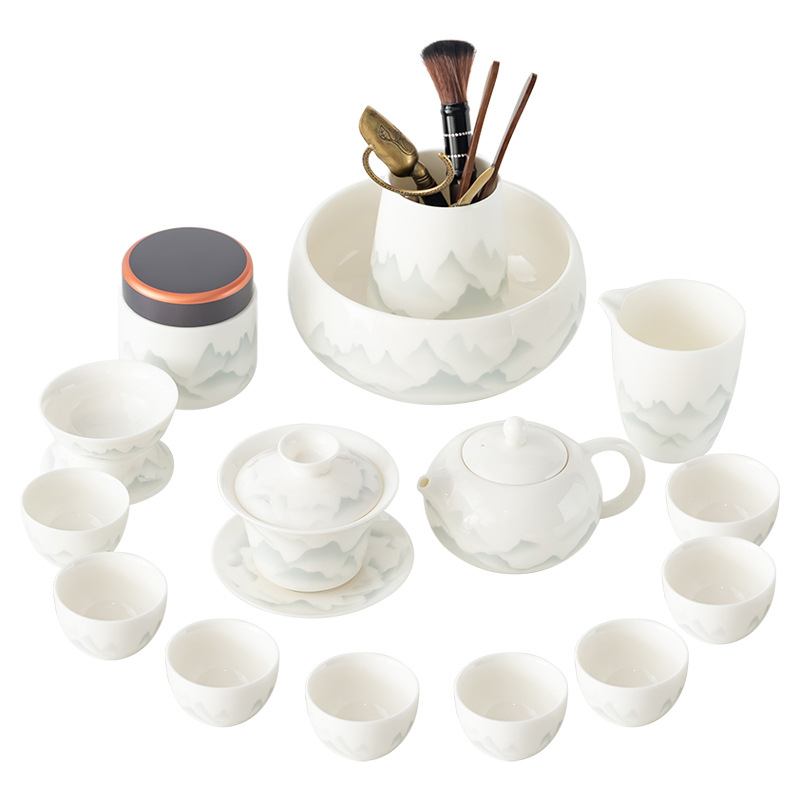 Kínai stílusú Gongfu teáskészlet fehér porcelánból, teáskannával, teás tálcával és fedeles tálkával; otthoni használatra, üzleti testreszabással