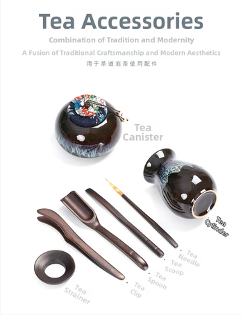 Set de ceai din ceramică cu glazură Tianmu, Jun Kiln – ceainic, bol cu capac și cești