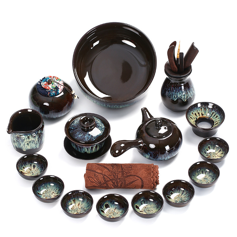 Set de ceai din ceramică cu glazură Tianmu, Jun Kiln – ceainic, bol cu capac și cești