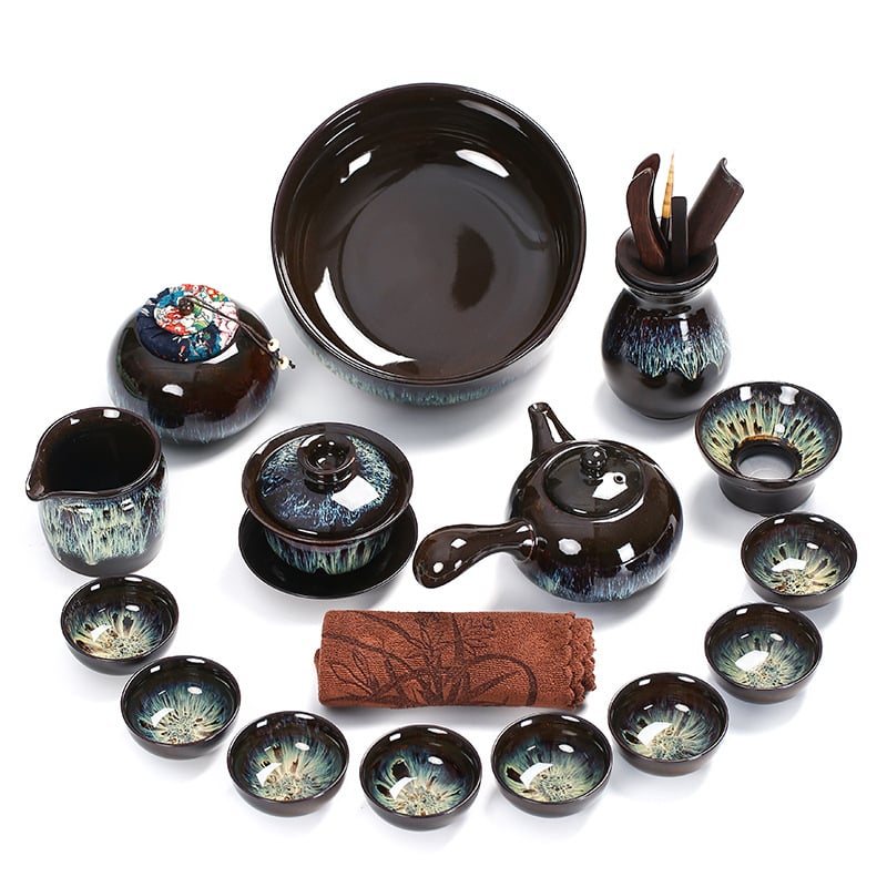 Set de ceai din ceramică cu glazură Tianmu, Jun Kiln – ceainic, bol cu capac și cești