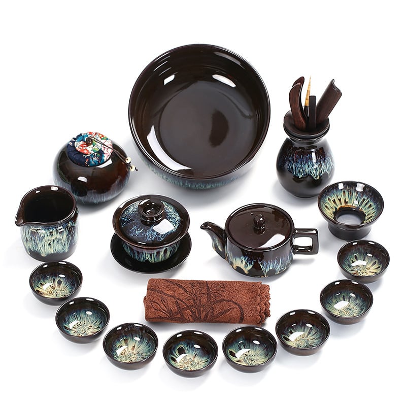 Set de ceai din ceramică cu glazură Tianmu, Jun Kiln – ceainic, bol cu capac și cești