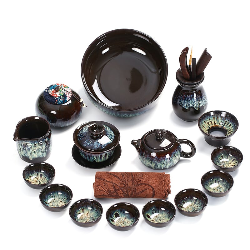 Set de ceai din ceramică cu glazură Tianmu, Jun Kiln – ceainic, bol cu capac și cești