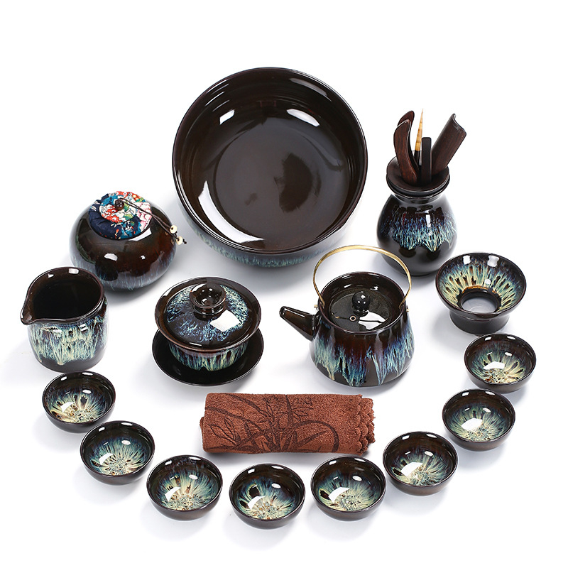 Set de ceai din ceramică cu glazură Tianmu, Jun Kiln – ceainic, bol cu capac și cești