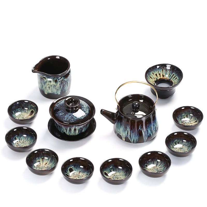 Set de ceai din ceramică cu glazură Tianmu, Jun Kiln – ceainic, bol cu capac și cești
