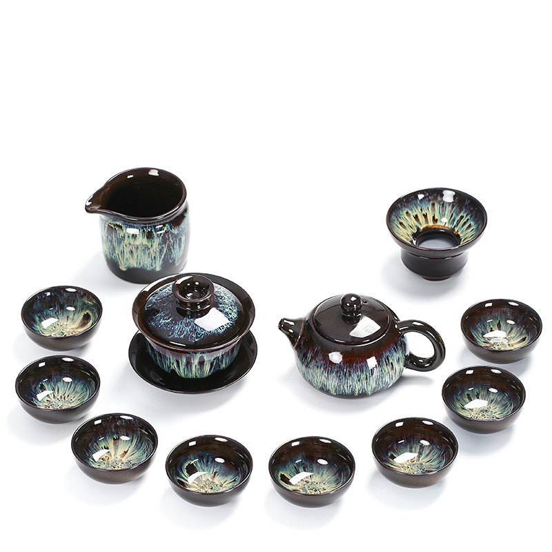 Set de ceai din ceramică cu glazură Tianmu, Jun Kiln – ceainic, bol cu capac și cești