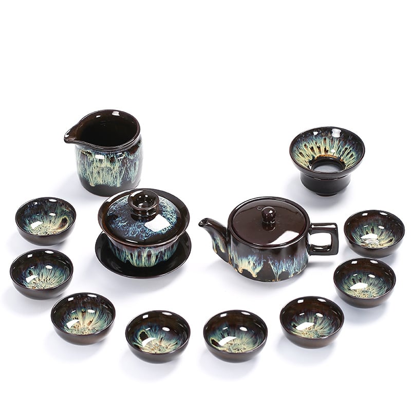 Set de ceai din ceramică cu glazură Tianmu, Jun Kiln – ceainic, bol cu capac și cești