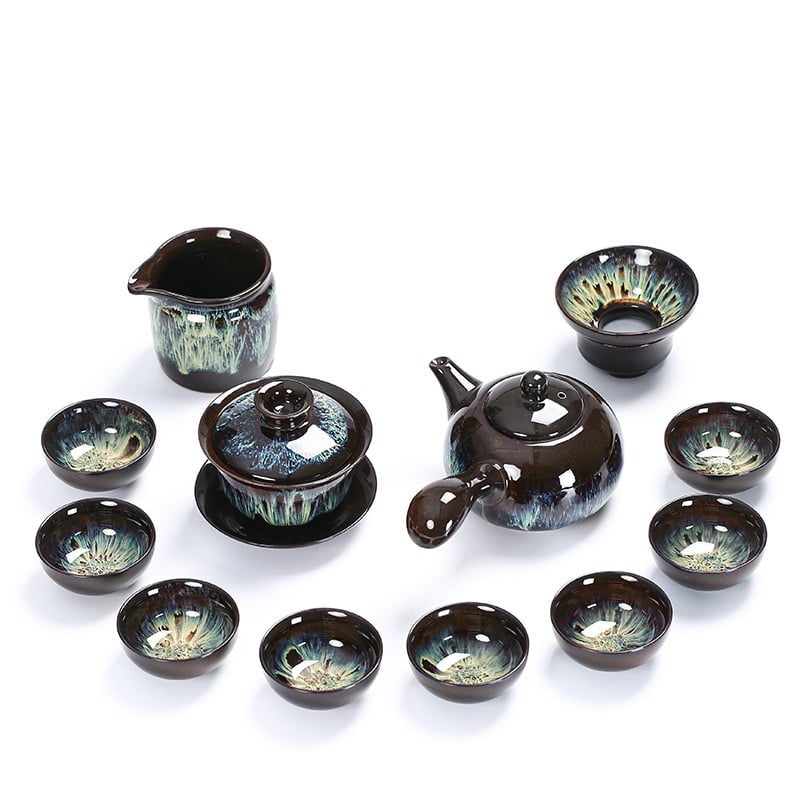 Set de ceai din ceramică cu glazură Tianmu, Jun Kiln – ceainic, bol cu capac și cești