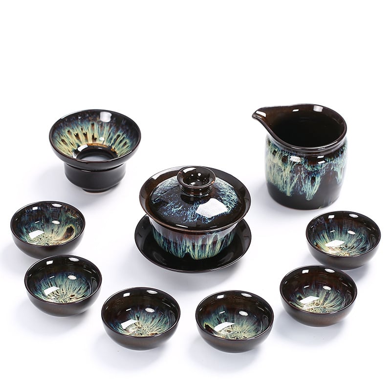 Set de ceai din ceramică cu glazură Tianmu, Jun Kiln – ceainic, bol cu capac și cești