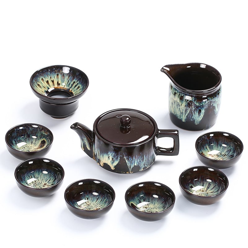 Set de ceai din ceramică cu glazură Tianmu, Jun Kiln – ceainic, bol cu capac și cești