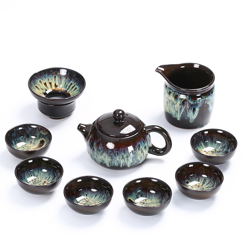Set de ceai din ceramică cu glazură Tianmu, Jun Kiln – ceainic, bol cu capac și cești