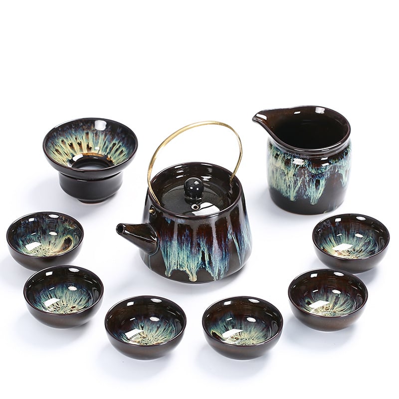Set de ceai din ceramică cu glazură Tianmu, Jun Kiln – ceainic, bol cu capac și cești
