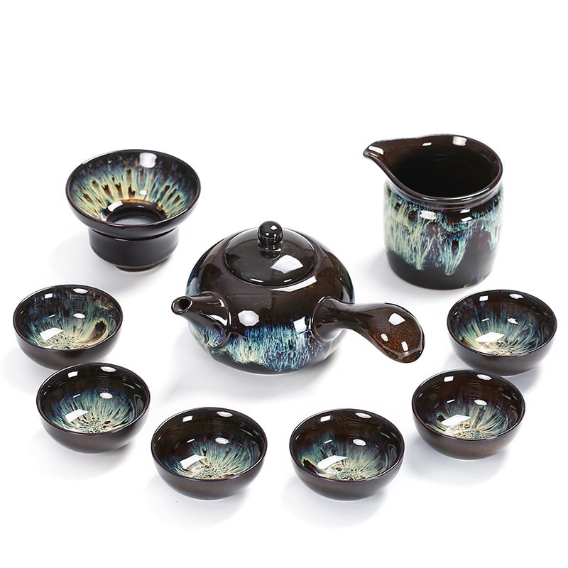 Set de ceai din ceramică cu glazură Tianmu, Jun Kiln – ceainic, bol cu capac și cești