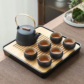 Set de ceai în stil japonez, din ceramică neagră, ceainic cu mâner, tavă pentru infuzie uscată și husă portabilă – pentru casă, birou și călătorii