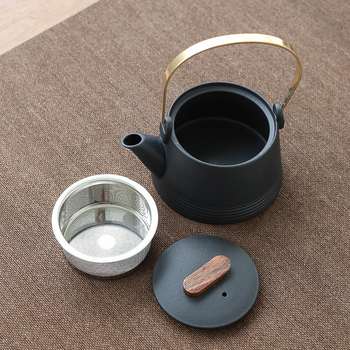 Set de ceai în stil japonez, din ceramică neagră, ceainic cu mâner, tavă pentru infuzie uscată și husă portabilă – pentru casă, birou și călătorii
