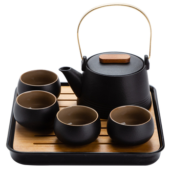 Set de ceai în stil japonez, din ceramică neagră, ceainic cu mâner, tavă pentru infuzie uscată și husă portabilă – pentru casă, birou și călătorii