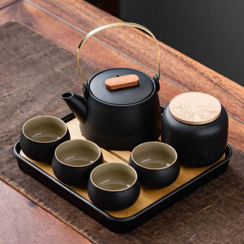 Set de ceai în stil japonez, din ceramică neagră, ceainic cu mâner, tavă pentru infuzie uscată și husă portabilă – pentru casă, birou și călătorii