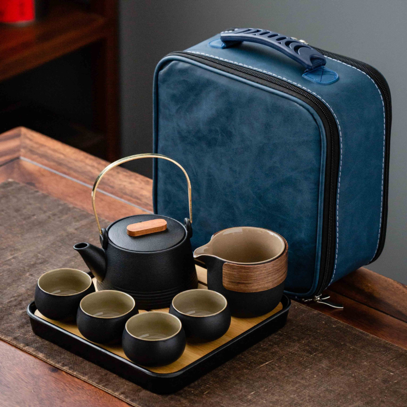 Set de ceai în stil japonez, din ceramică neagră, ceainic cu mâner, tavă pentru infuzie uscată și husă portabilă – pentru casă, birou și călătorii