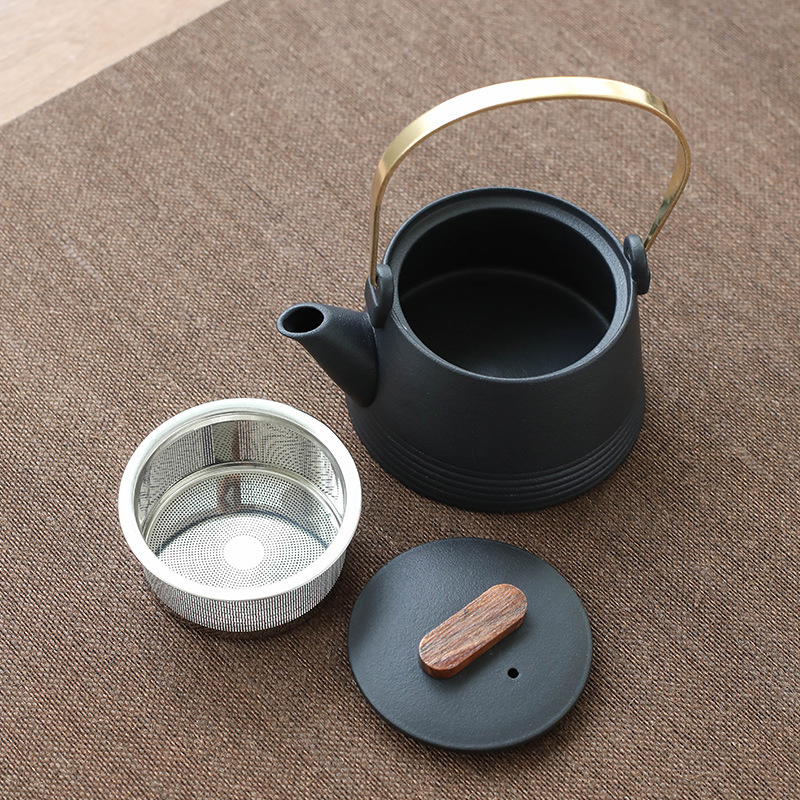 Set de ceai în stil japonez, din ceramică neagră, ceainic cu mâner, tavă pentru infuzie uscată și husă portabilă – pentru casă, birou și călătorii