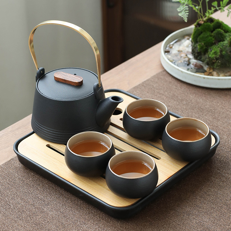 Set de ceai în stil japonez, din ceramică neagră, ceainic cu mâner, tavă pentru infuzie uscată și husă portabilă – pentru casă, birou și călătorii