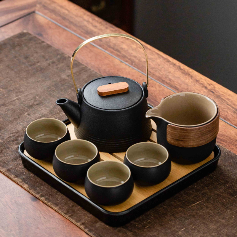 Set de ceai în stil japonez, din ceramică neagră, ceainic cu mâner, tavă pentru infuzie uscată și husă portabilă – pentru casă, birou și călătorii