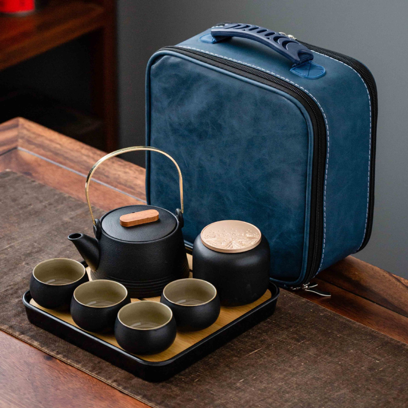 Set de ceai în stil japonez, din ceramică neagră, ceainic cu mâner, tavă pentru infuzie uscată și husă portabilă – pentru casă, birou și călătorii