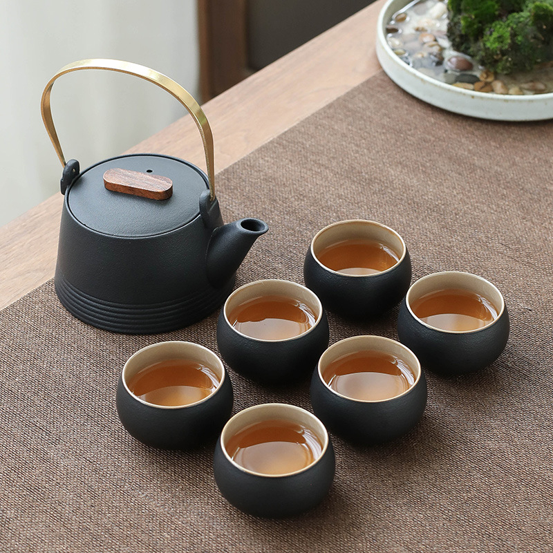 Set de ceai în stil japonez, din ceramică neagră, ceainic cu mâner, tavă pentru infuzie uscată și husă portabilă – pentru casă, birou și călătorii