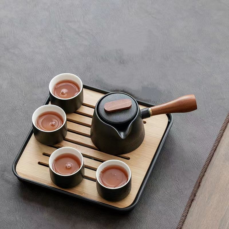 Set de ceai în stil japonez, din ceramică neagră, ceainic cu mâner, tavă pentru infuzie uscată și husă portabilă – pentru casă, birou și călătorii