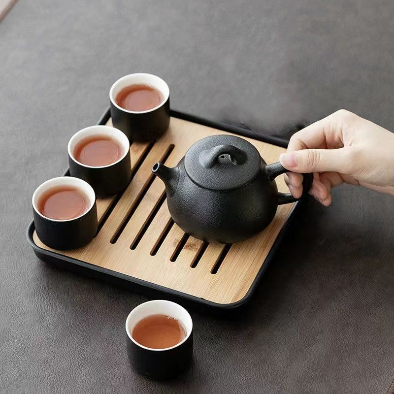 Set de ceai în stil japonez, din ceramică neagră, ceainic cu mâner, tavă pentru infuzie uscată și husă portabilă – pentru casă, birou și călătorii