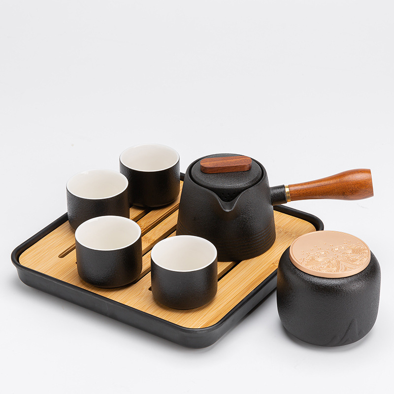 Set de ceai în stil japonez, din ceramică neagră, ceainic cu mâner, tavă pentru infuzie uscată și husă portabilă – pentru casă, birou și călătorii