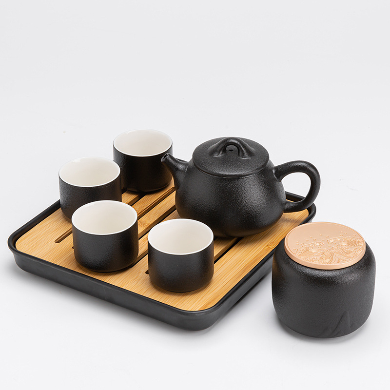 Set de ceai în stil japonez, din ceramică neagră, ceainic cu mâner, tavă pentru infuzie uscată și husă portabilă – pentru casă, birou și călătorii