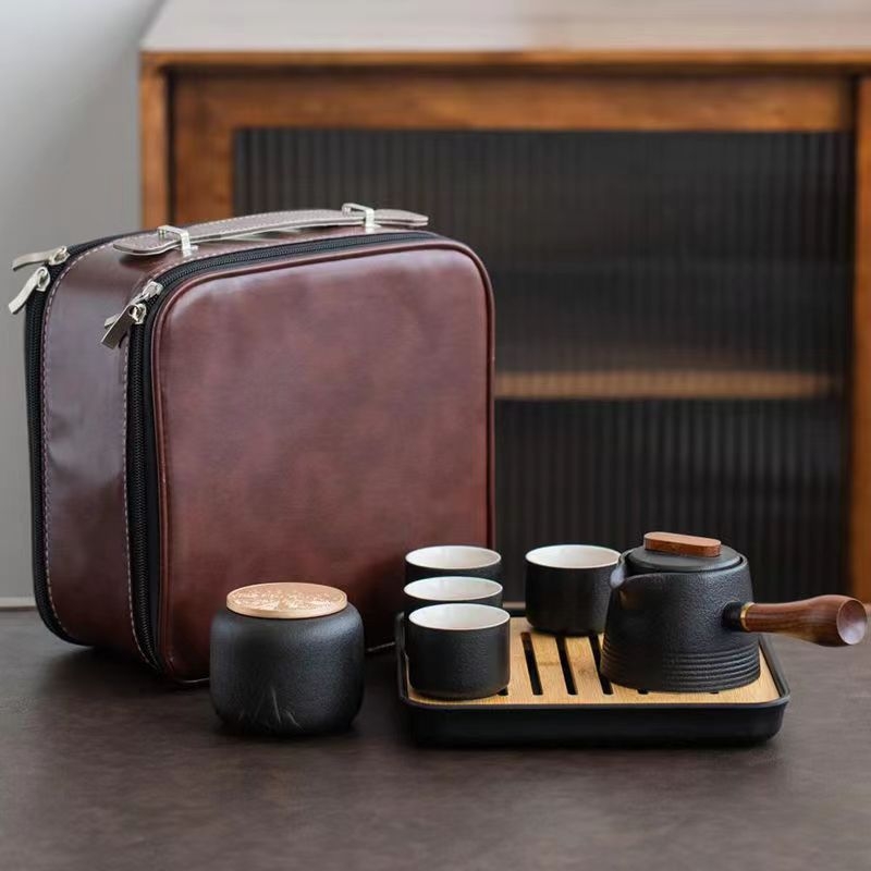 Set de ceai în stil japonez, din ceramică neagră, ceainic cu mâner, tavă pentru infuzie uscată și husă portabilă – pentru casă, birou și călătorii